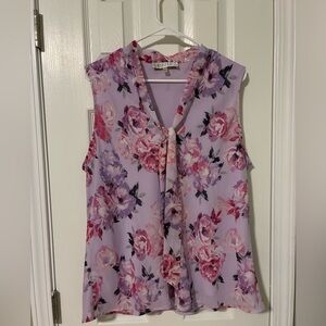 Kasper Lavender Floral Tie-Neck Sleeveless Blouse